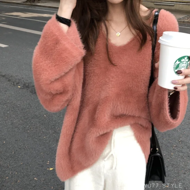 

Woman Autumn Winter Sweater V-Neck Pullover Casual Knit Cardigan Korean Style Solid Bottoming Sweater Mink Fleece Lazy Sweater