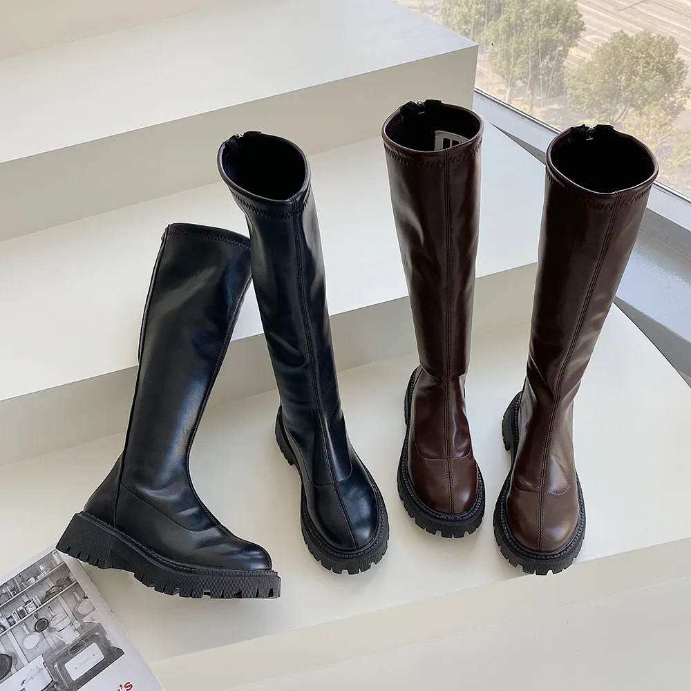 Knight Boots  Women  PU Back Zipper Increase Thick Bottom Waterproof and Nonslip Round Solid Color