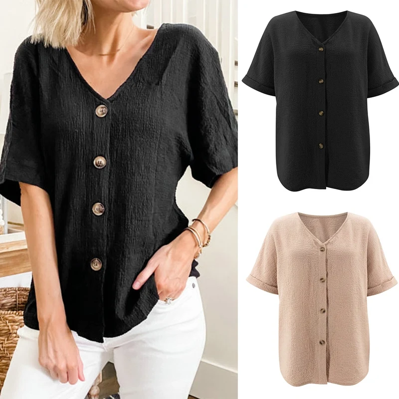 

ASDS-Women's Fashion Casual Solid Color Button V-Neck Short Sleeve Tops