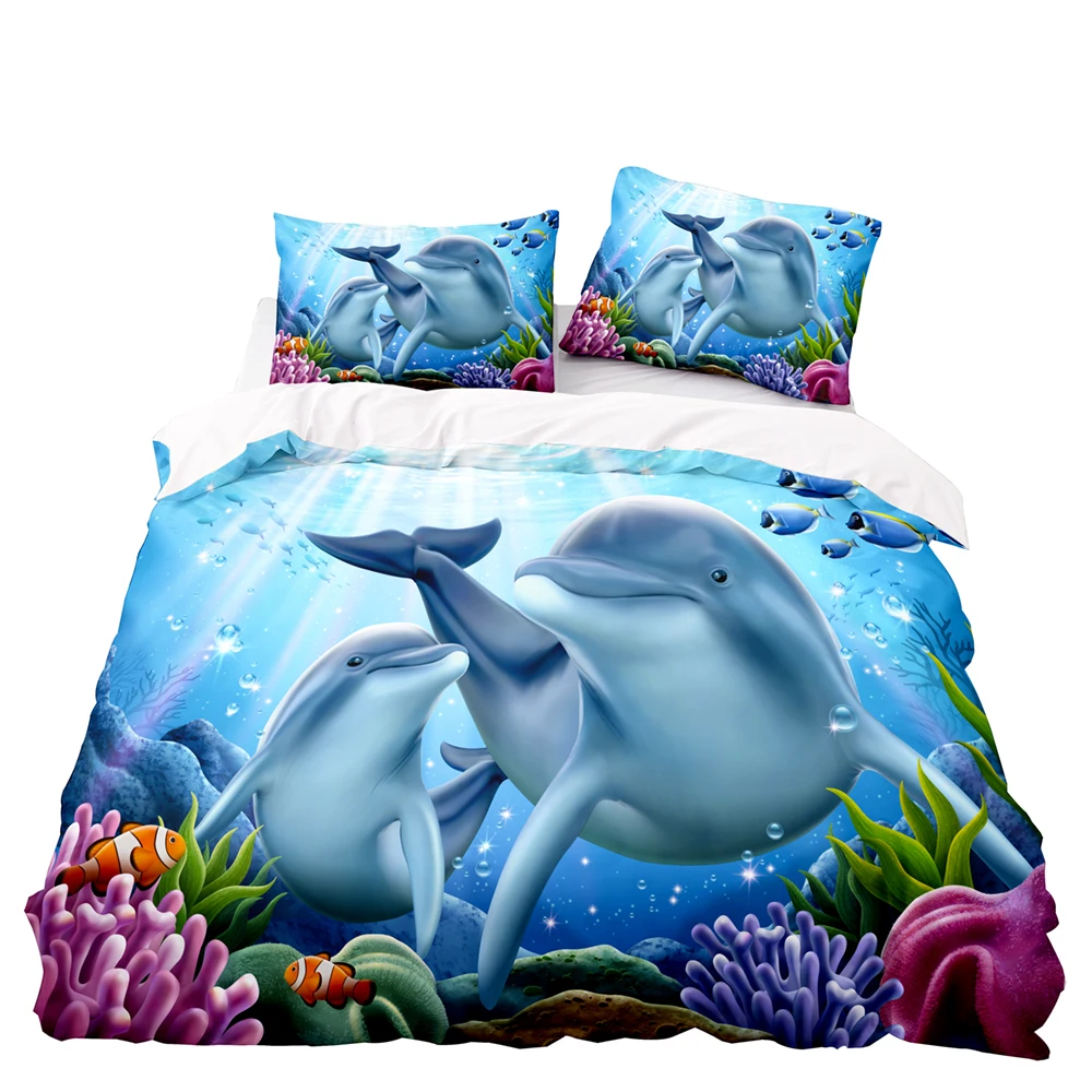 

Sliver Dolphin Pattern Bedding Set Ocean World Style Duvet Cover Set Cartoon Bedclothes 2/3pcs Purple Pink Coral Double Quee
