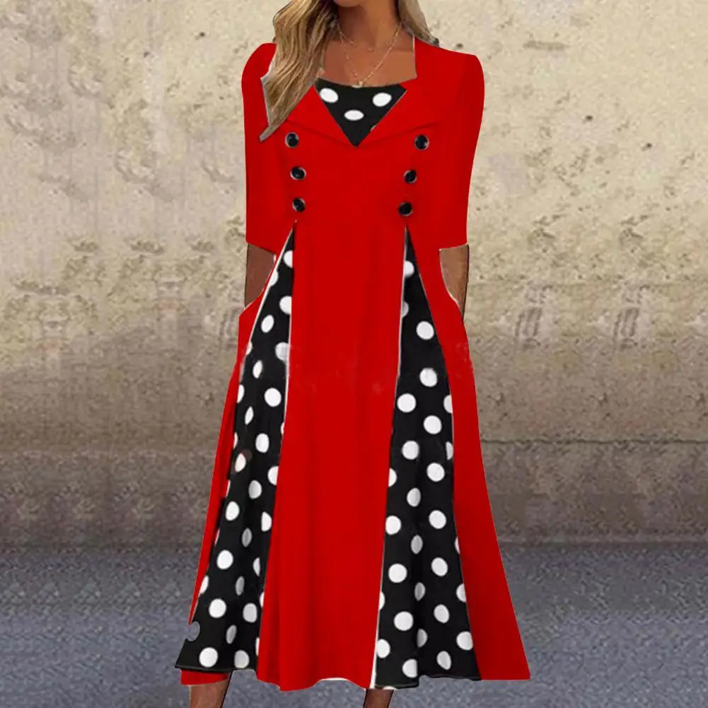 

Long Dresses Vestidos Square Neck Half Sleeve High-Waist Midi Dress Dot Stitching Print Large Hem Lady Dress Dress Women 2022