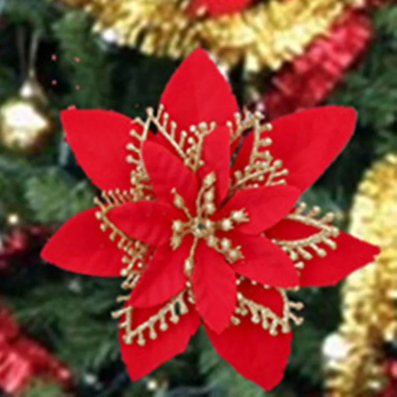 

14CM Glitter Artificial Flower Heads Xmas Decorations 2023 DIY Merry Christmas Tree Fake Flower New Year Decor Home Ornament