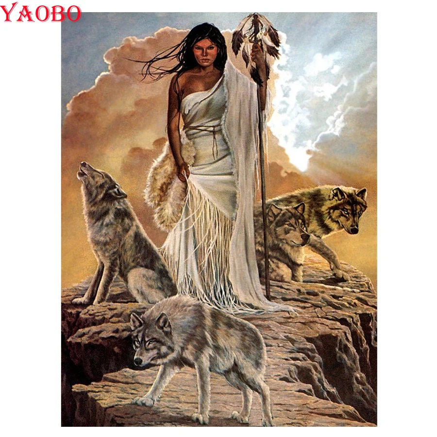 

Алмазная живопись индейская женщина Волк Вышивка крестом мозаика картина Стразы Вышивка 5D полная квадратная дрель вышивка искусство