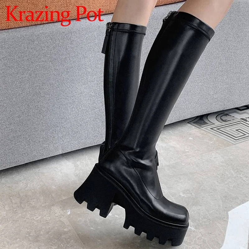 

Сапоги Krazing Pot из микрофибры на толстом высоком каблуке с квадратным носком сапоги для конного спорта на молнии повседневные Простые Стильные Нескользящие брендовые сапоги до колена