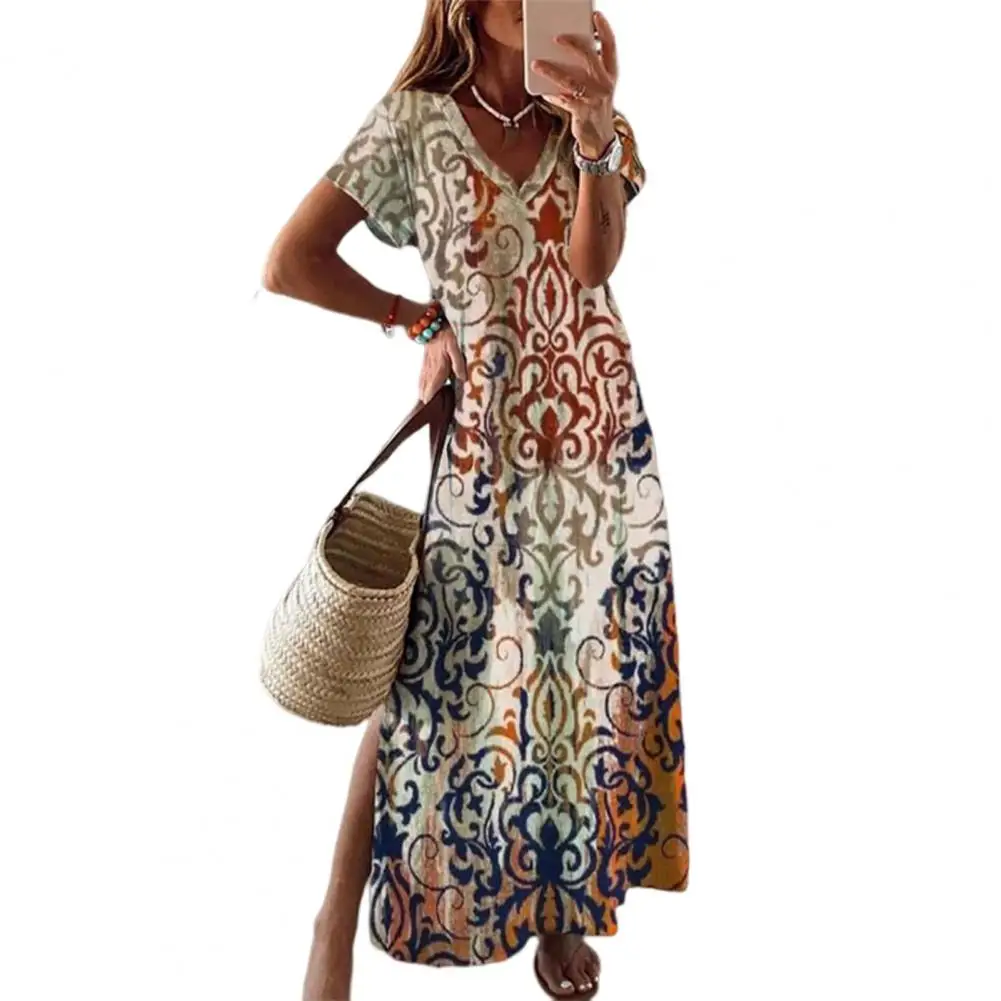 

Summer Beach Dress Women Short Sleeves Loose Flower Print V Neck Vintage Dating Side Split Colorfast Maxi Dress Female Clothes