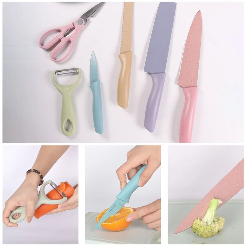 wheat straw 6 piece knife set stainless steel baby food supplement tool gifts box kitchen accessories knives kitchen gadget sets free global shipping
