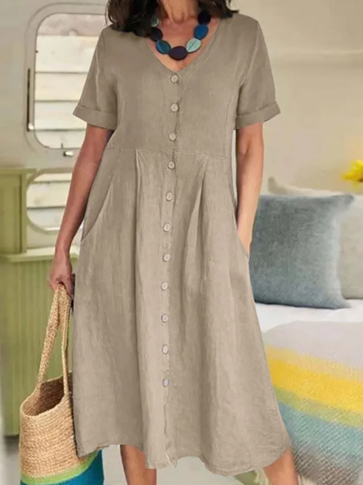 

V-Neck Button Simple Solid Party Dress Women Sumemr Loungewear Short Sleeve Single-Breasted Cardigan Dress Streetwear Vestidos