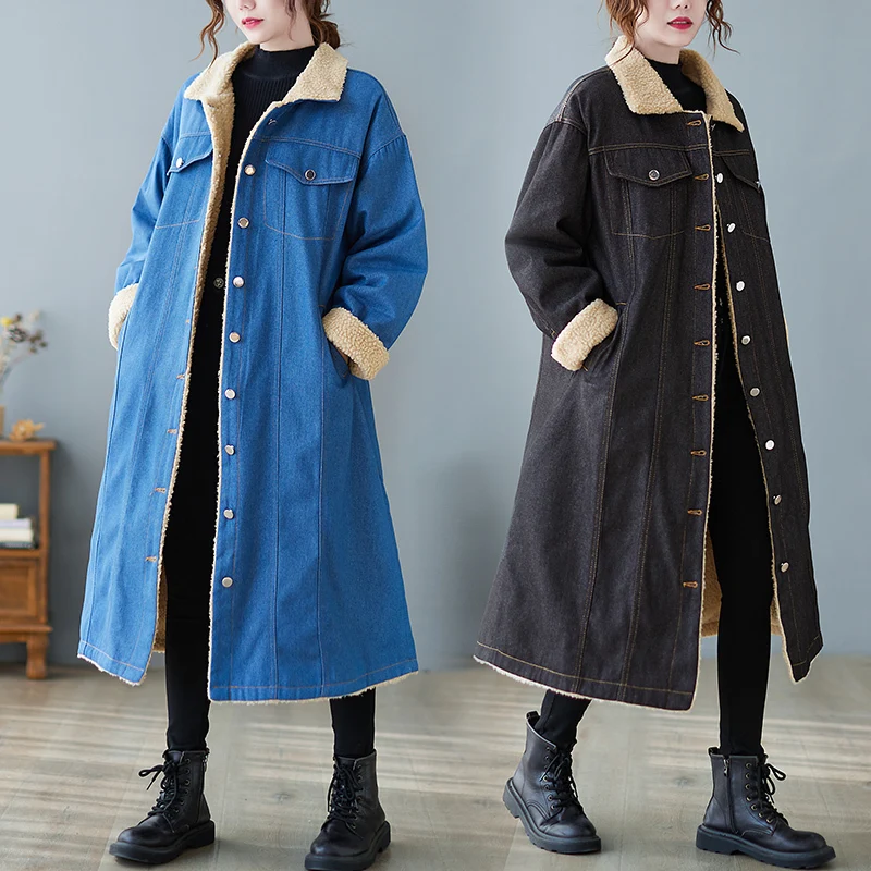 

Thicken X-Long Lamb Velvet Denim Trench Coat Winter Long Trench Coats for Women Single Breasted Designed Denim Cotton Coats