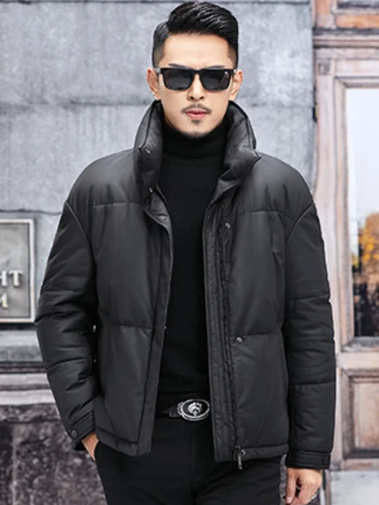 Зимний новый первый слой из воловьей кожи пуховик мужская черная короткая