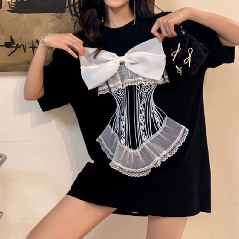 2022 summer three-dimensional bow mesh medium and long T-shirt women loose tide short sleeves  Casual  Solid