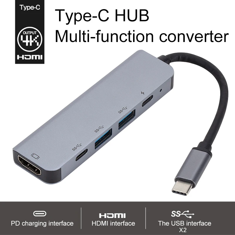 

HDMI 5 in1 USBC HUB HDMI 30HZ RJ45 Ethernet Micro SDTF OTG Adapter + USB3.0 x 2 + PD Charging Fit for Macbook