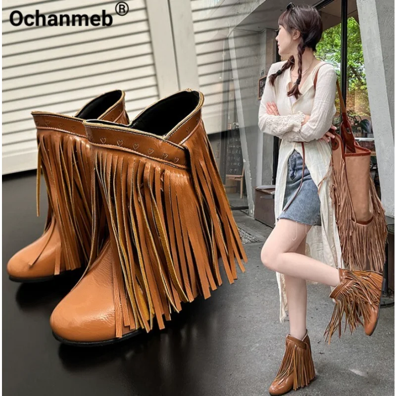 

Ochanmeb Women Fringe Ankle Boots Square Heels Slip-On Round Toe Retro Tassel Boot Oversize Woman Shoes Beige Black Winter 34-48