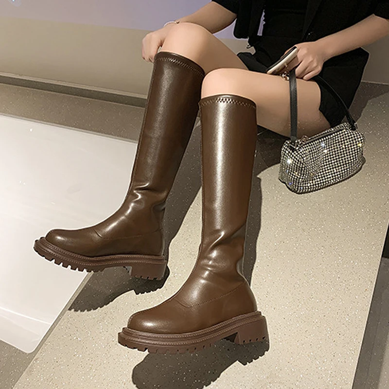 

Slim Flat Thigh High Boots Platform Women Slim Thick Sole Knee-High Boots Women Shoes Brown Winter Long Motorcycle Boots Women