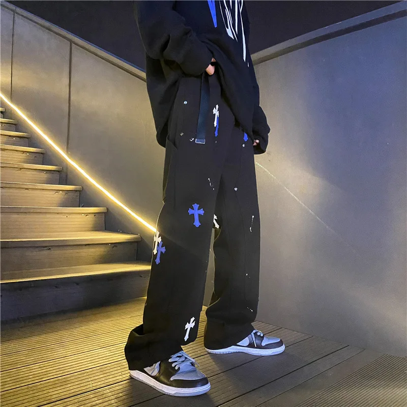 Four Seasons Men's Jeans Harajuku High Street Fork Print Straight Loose Wide Leg Casual Pants Fashion Street Men's Ins Hot Sale