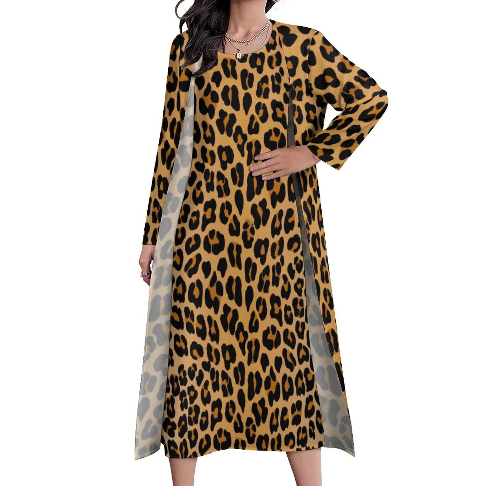 

Animal Print Dress Yellow Leopard Party Maxi Dress Streetwear Bohemia Long Dresses Long Sleeve Custom Clothes Big Size 4XL 5XL
