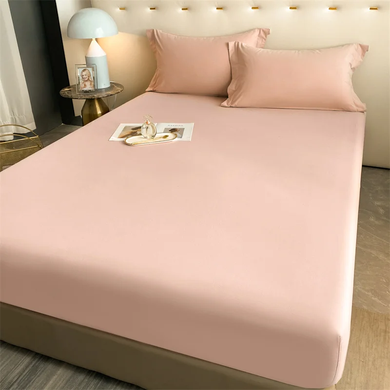 

Pink Fitted Sheet 100% Cotton Matress Cover with Elastic Bands Soft Non-Slip Mattress Protector for Single Double Queen King Bed