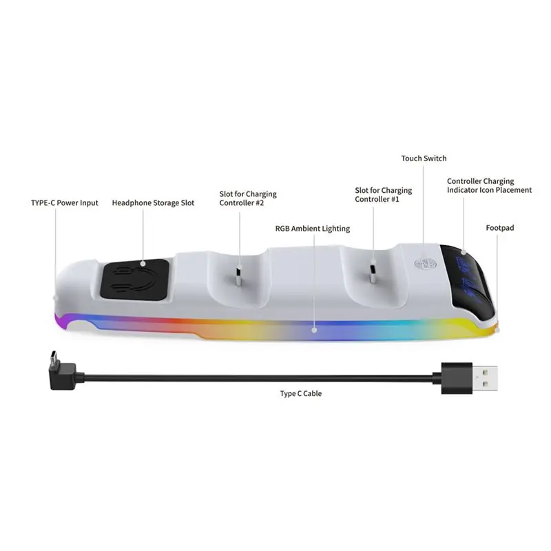 Фото Док-станция для контроллеров PS5 Slim с RGB-подсветкой, двойная зарядная док-станция для геймпадов №2