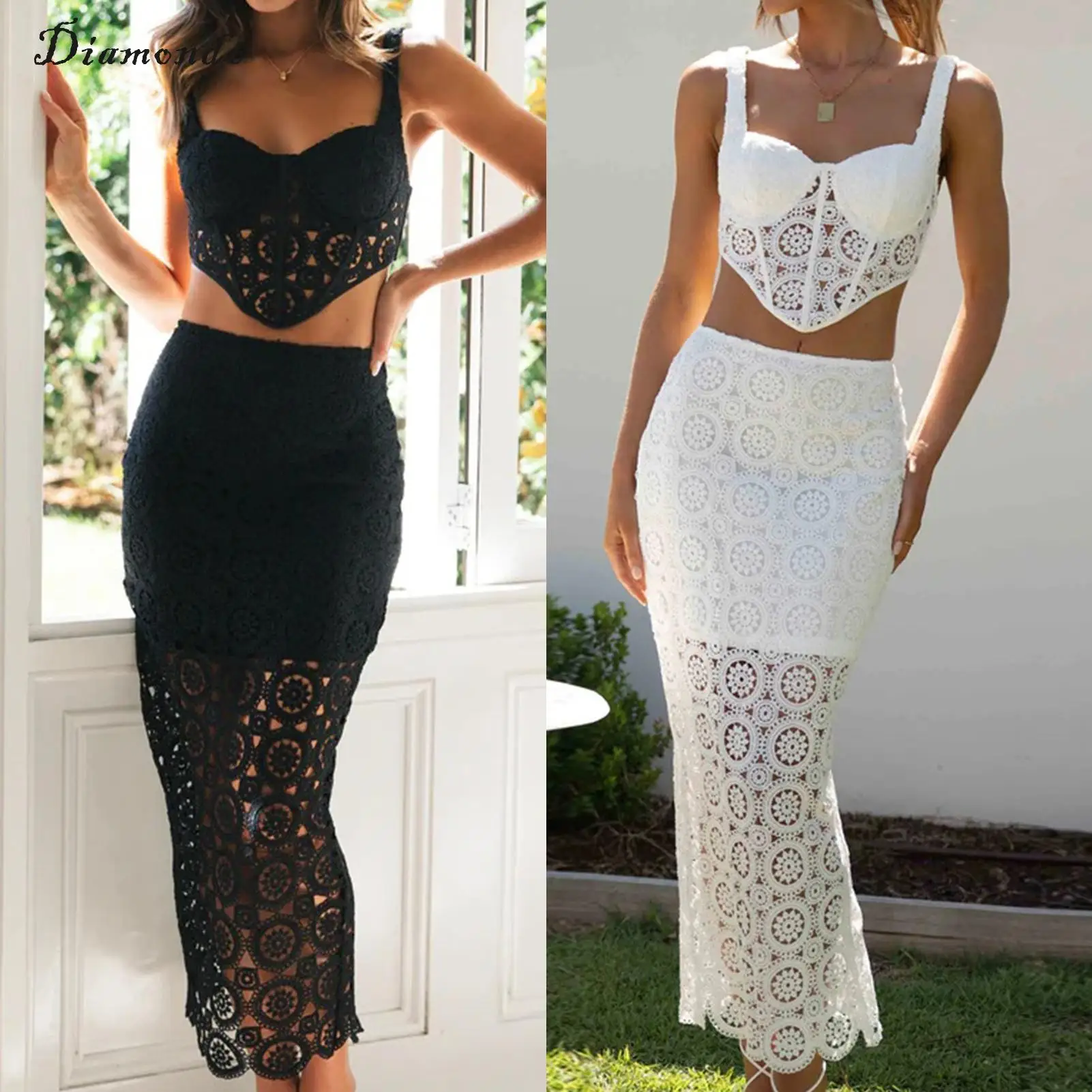 

Women Vest Tops And Maxi Skirts Sleeveless Hollow Out Tank Top+Bodycon Skirt 2pcs Fashion Casual Crochet Lace Seaside Vacation