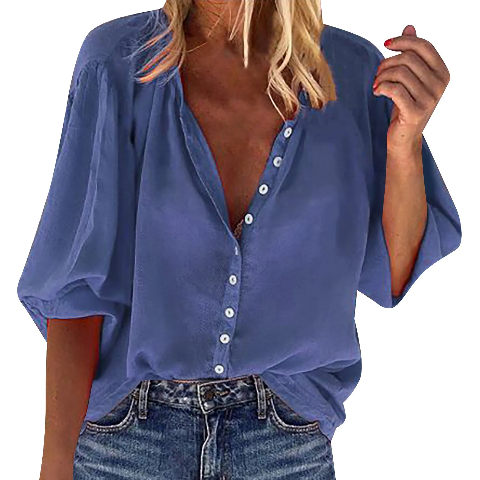 

Solid Color Casual Top Seven Point Sleeved Summer Ruff Blouse V Neck Blouse Colla Shirt