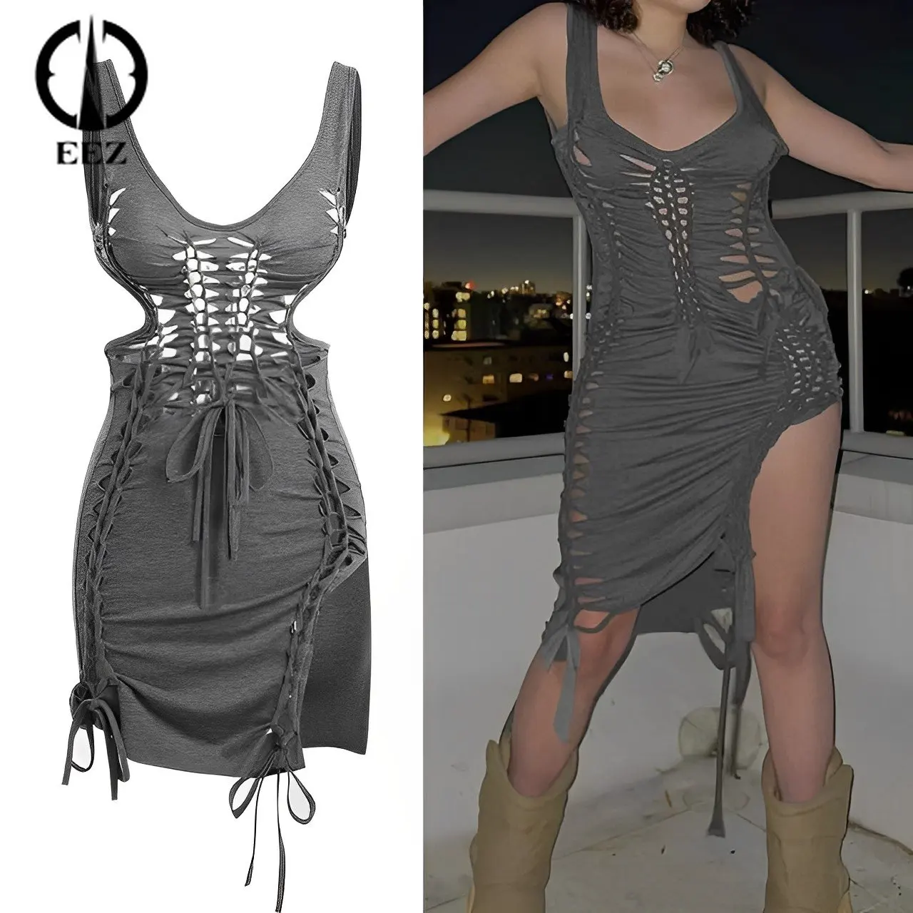

Retro Grey Hollow Out Bandage Mini Dress Women Deep-V Backless Sun Dresses Irregular Split Skirt Summer Coquette Streetwear Y2k