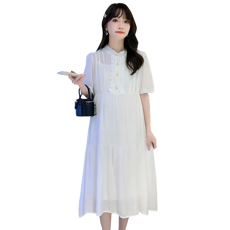 

2022 Maternity Summer Clothes Short Sleeve Ruffles Patchwork Button Fly Pregnant Women A-Line Dress Sweet Princess Dresses White