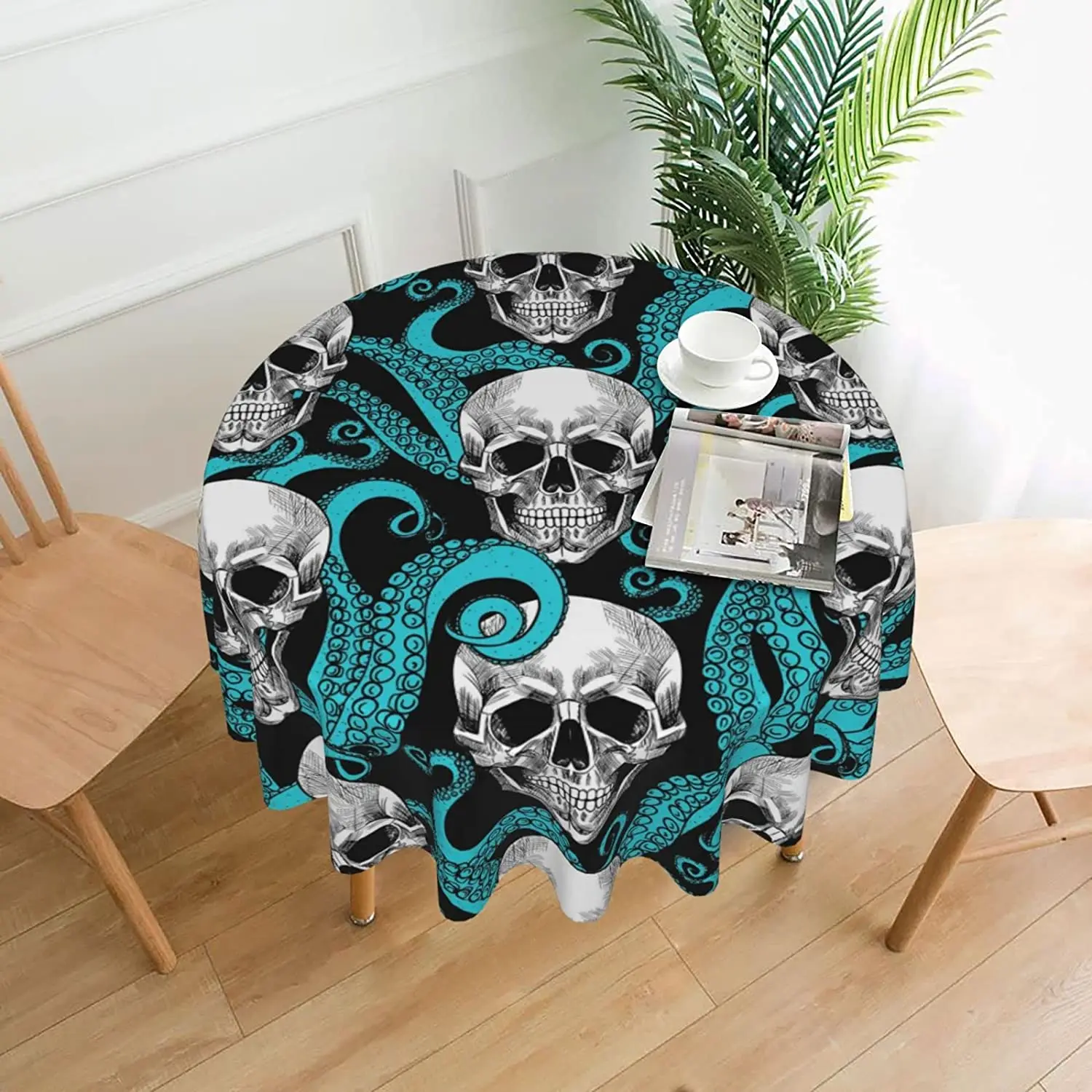 

Водонепроницаемая круглая скатерть 60 дюймов с изображением голубого осьминога сахарного черепа для дома, кемпинга, пикника или ресторана