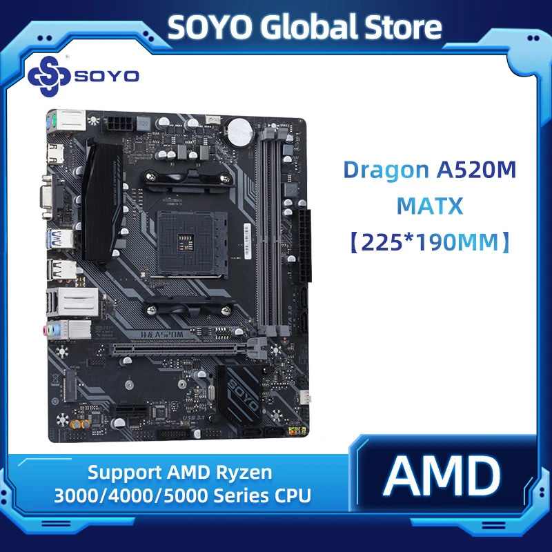 

SOYO Full New A520M Dragon Motherboard Support AMD Ryzen CPU(3600/4650G/5600G/5600X) M.2 NVME USB3.1 Dual Channel DDR4 Memory