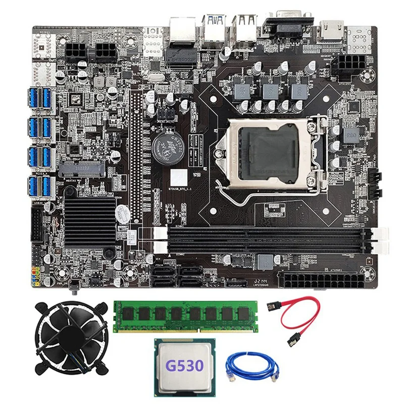 B75 ETH Mining Motherboard 8XPCIE To USB LGA1155 DDR3 8GB 1600Mhz+Cooling Fan+RJ45 Network Cable+G530 CPU BTC Miner
