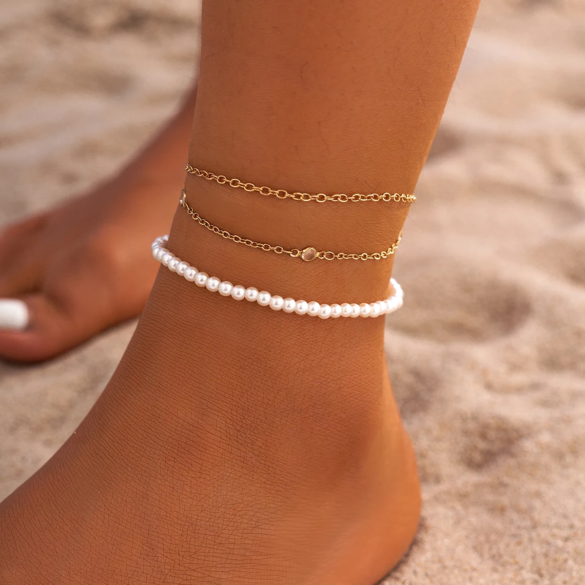 

IngeSight.Z Multilayer Imitation Pearl Beaded Anklets Women Summer Beach Crystal Metal Link Chain Boot Chain Bracelet Foot Gift