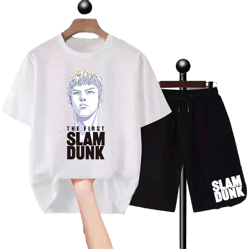 

Slam Dunk Print Tracksuit Men Sports Suit Pure Cotton T Shirt Shorts 2 Piece Set Japanese Anime Charactor Sportswear Workout