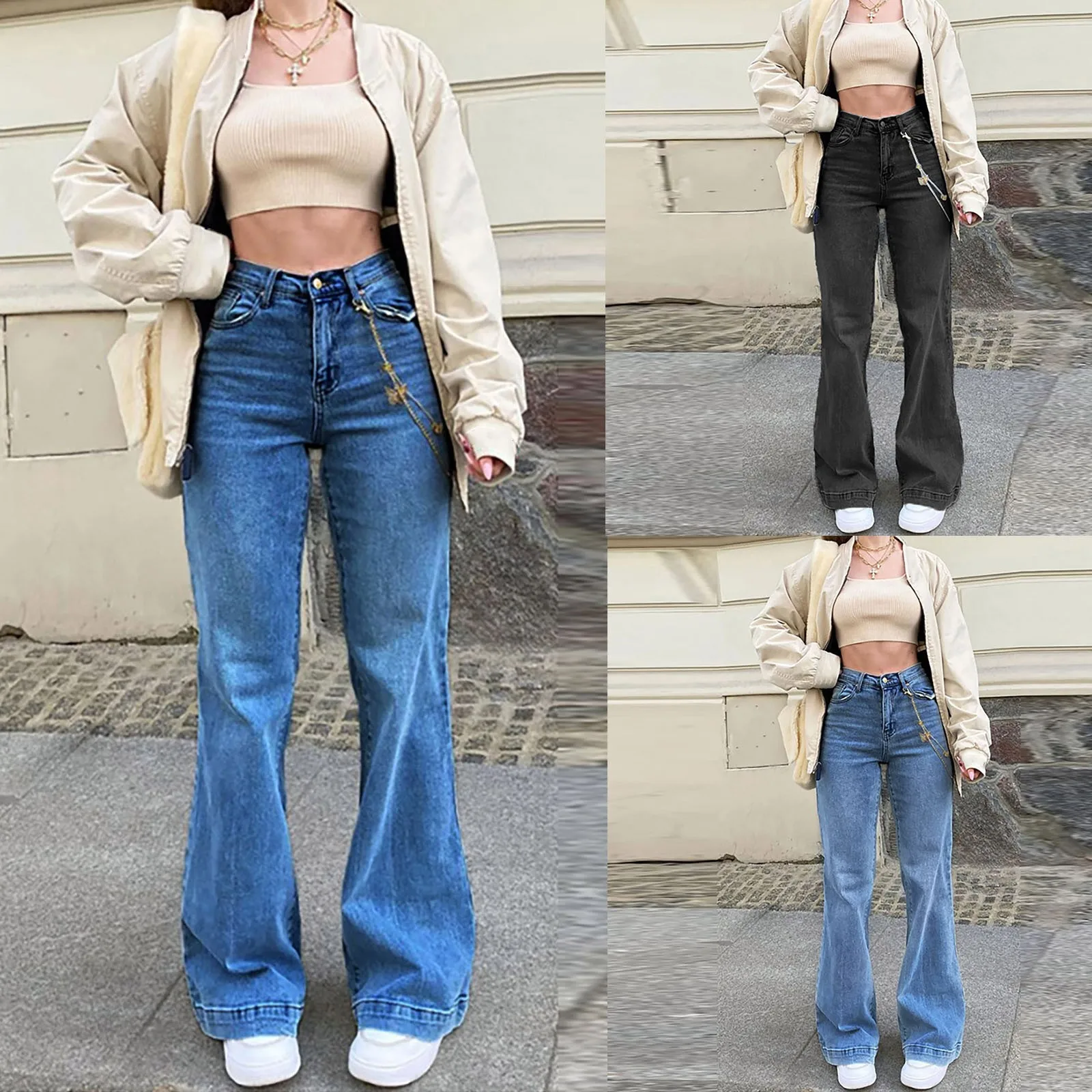 

Женские джинсы с широкими штанинами, популярные расклешенные джинсы, женские модные брюки-клеш со средней талией, Стрейчевые облегающие брюки, прямые джинсы для женщин