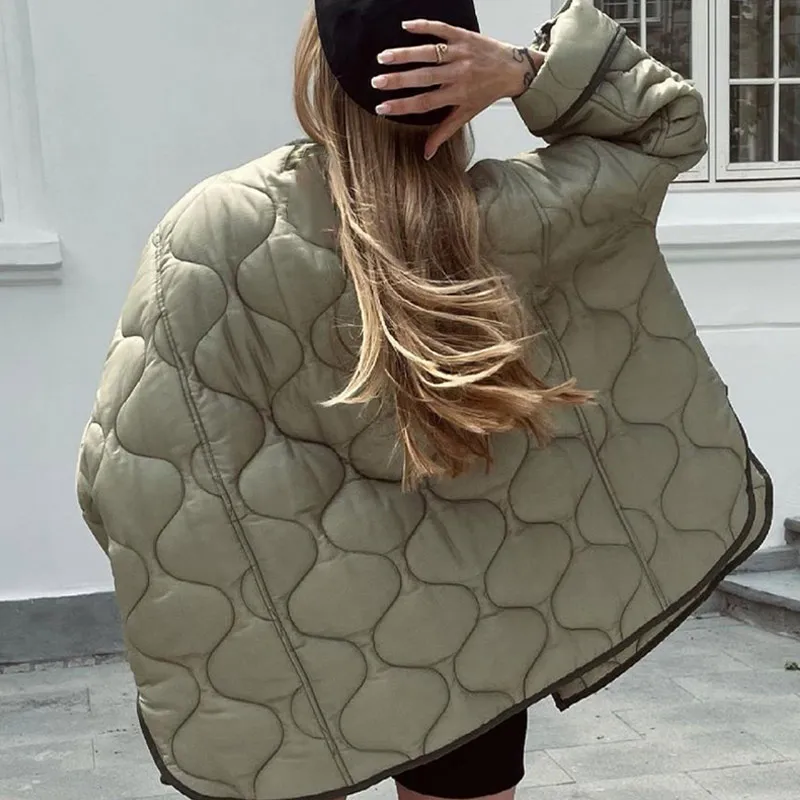 2022 Women Army Green Winter Quilted Parkas Female Casual Long Sleeve Pocket Single Breasted Curved Hem Jacket Coat