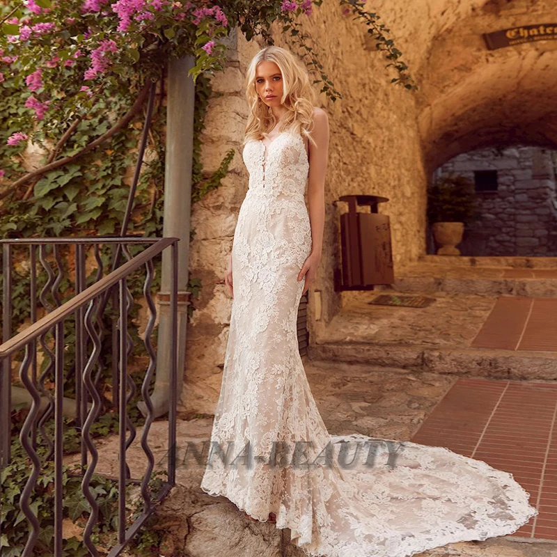 

Anna Elegant Lace Appliques Trumpet Wedding Dresses Spaghetti StrapDeep V Neck Sweep Train Robe De Soirée De Mariage Customised