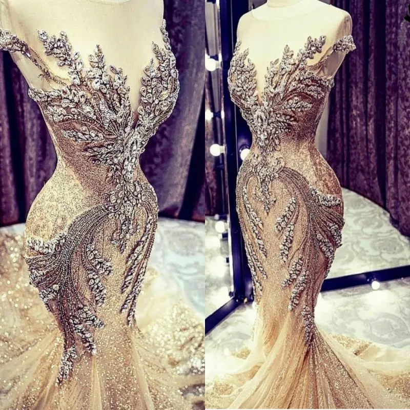 

Luxury Prom Dresses With Sheer Neck Major Beading Crystal Jewel Neck Mermaid Evening Dress Custom Made Illusion Robe de soire