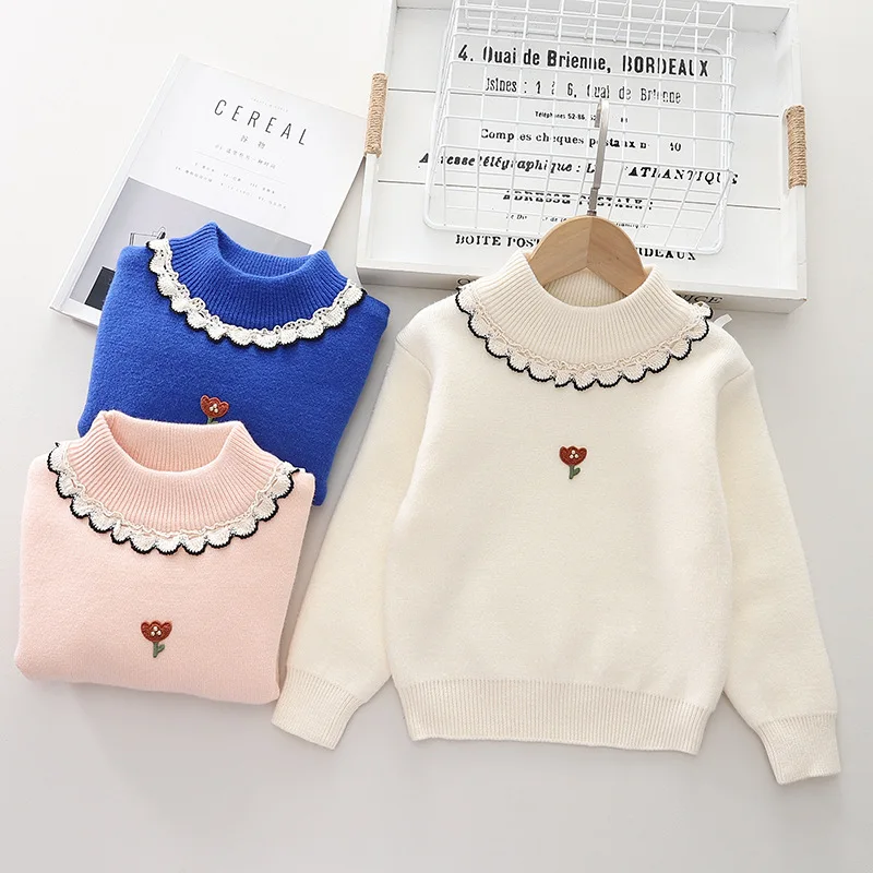 

New Kids Girls Sweaters Baby Girl Floral Patern Knitted Pullover Autumn Winter petal collar Tops Children's Cozy Clothes GY11161
