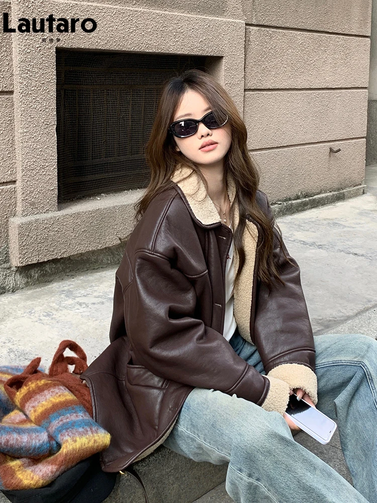 

Lautaro Autumn Winter Coffee Thick Warm Soft Faux Sheepskin Coat Women Long Sleeve Pockets Loose Casual Fluffy Jacket 2023