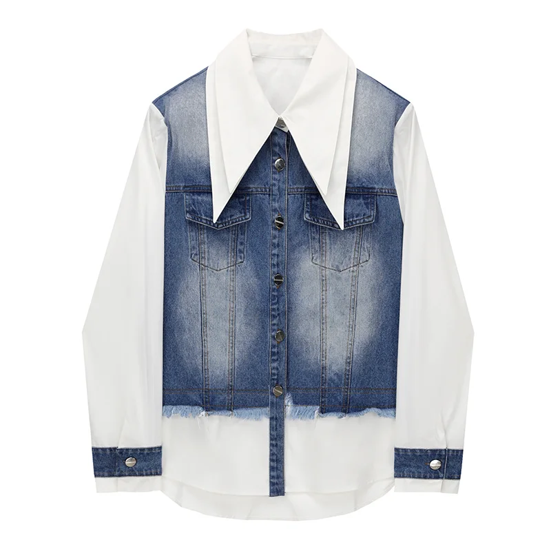 

2022 Spring Double Turn Down Collar Full Fake Two-piece Jeans Fur Fringed Shirt Fashion Women Tops N467
