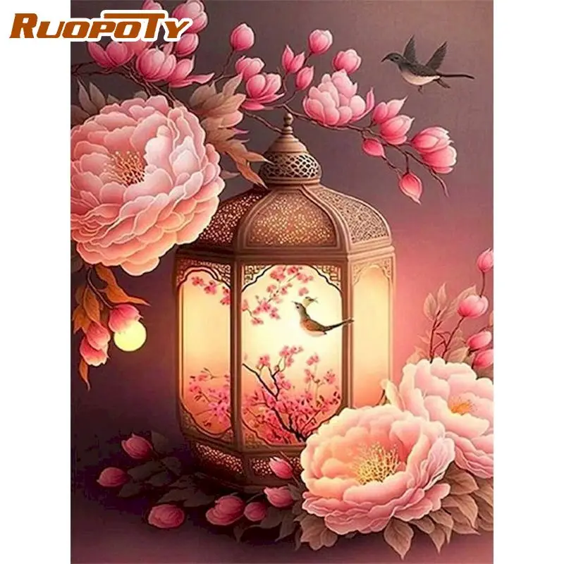 

RUOPOTY Frame Paint By Numbers For Adults Lantern Diy Crafts Drawing By Numbers Flowers Wall Art Picture For Home Decoration