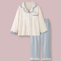 qweek pajamas for women cotton solid color heart embroidery pijamas lapel ruffle sleeves sleepwear home clothes pyjamas pocket