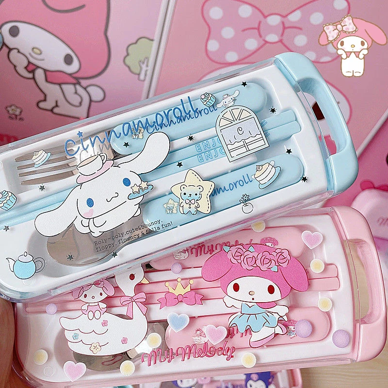 

New Anime Kawaii Sanrio Hello Kitty Tableware Set Kuromi Cinnamoroll My Melody Children Cute Portable Stainless Steel Fork Spoon