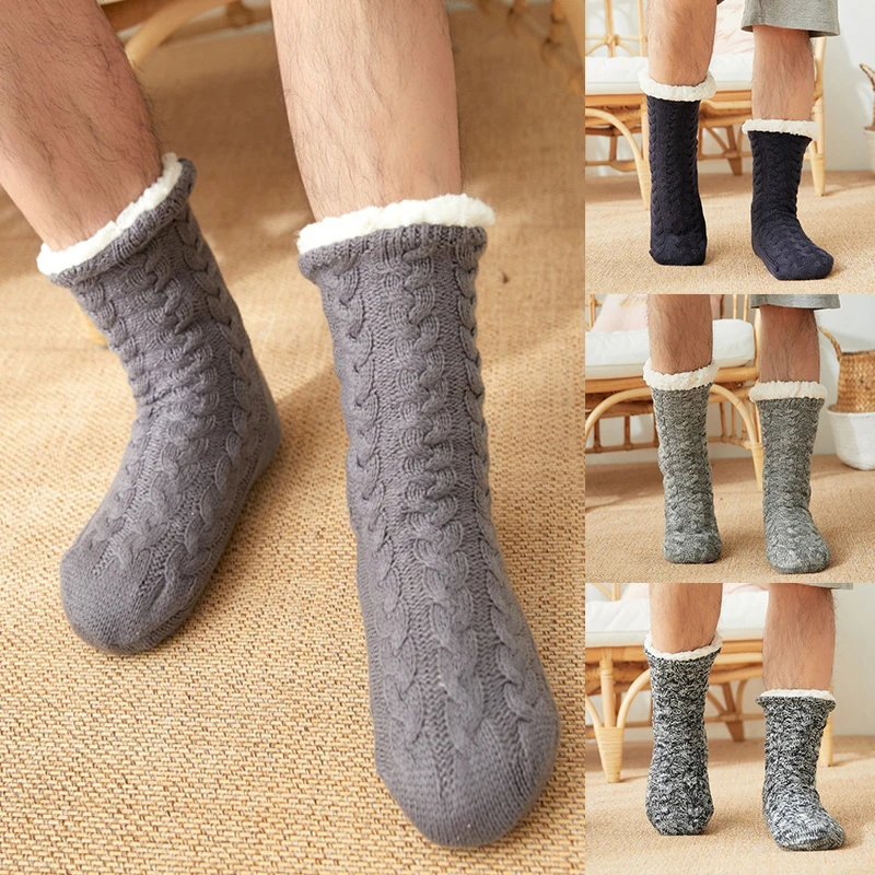 New Men Indoor Floor Socks Shoes Men Winter Fur Slippers Men Warm Thicken Plush Solid Bedroom Slippers Flip Flops Anti-Slip