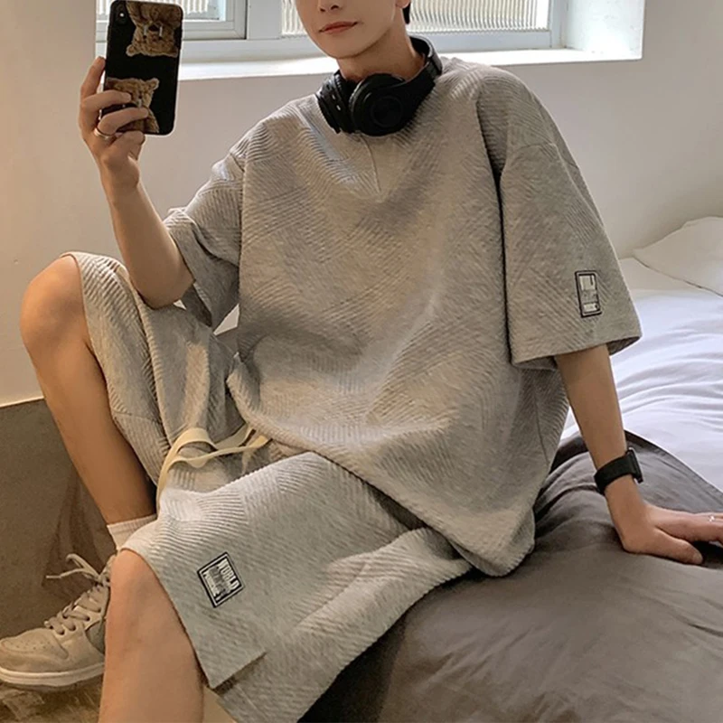 Men Tracksuit Waffle Fabric Fabric Breathable Casual T-Shirt and Shorts 2-Piece Loose Trendy Suit Mens Tracksuit Streetwear 2023