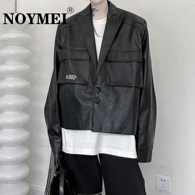 

NOYMEI PU Leather Coat Short Cargo Clothes Pockets Black Korean Style Autumn 2023 New Fashionable Clean Fit Male Jacket WA2547