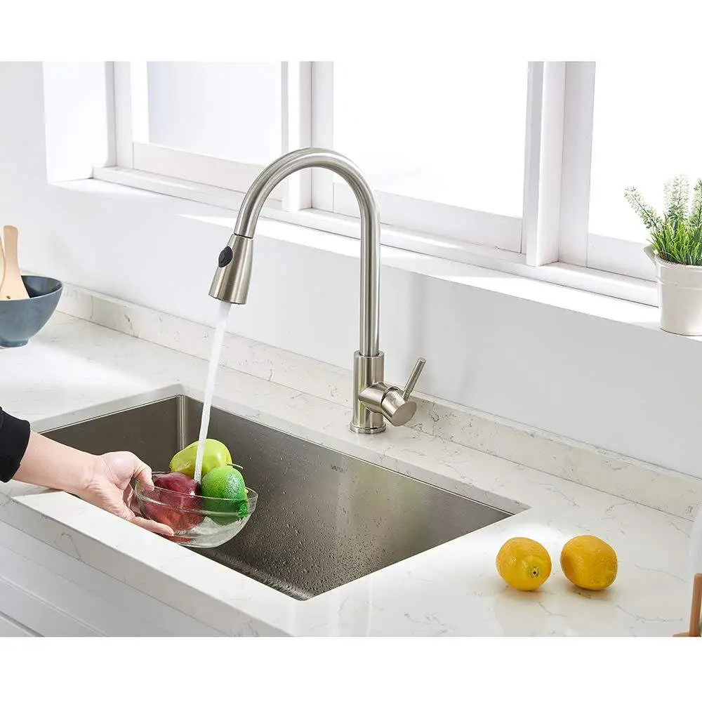 

Kitchen Faucets Brushed Nickel Pull Out Kitchen Sink Water Tap Deck Mounted Mixer Stream Sprayer Head Hot Cold Taps Black Chrome