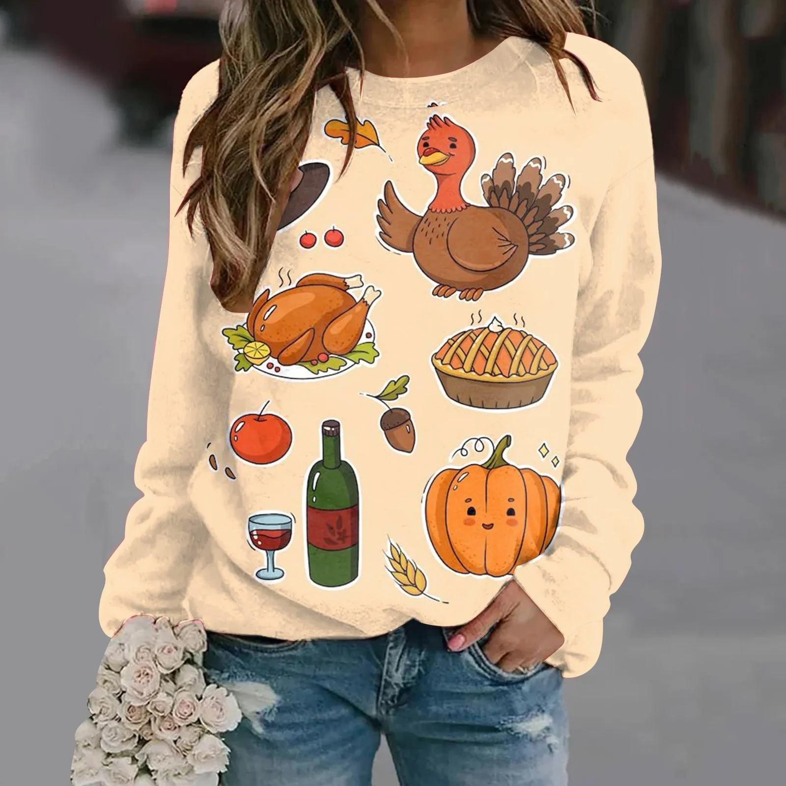 

Свитшот с капюшоном, женские флисовые толстовки на молнии для женщин, Женский Повседневный длинный свитер с круглым вырезом на День Благодарения, Женский пуловер