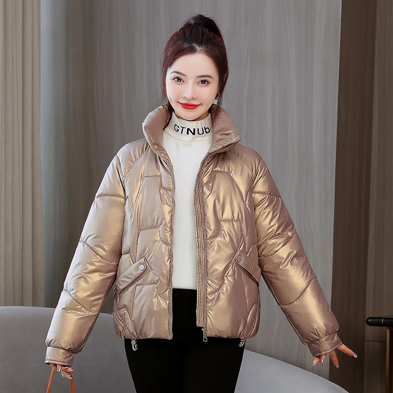 GRELLER Hot Sale Women WInter Down Cotton Jacket Stand Collar Warm Bright Shiny Solid Color Female Coat Short Parkas Clothes