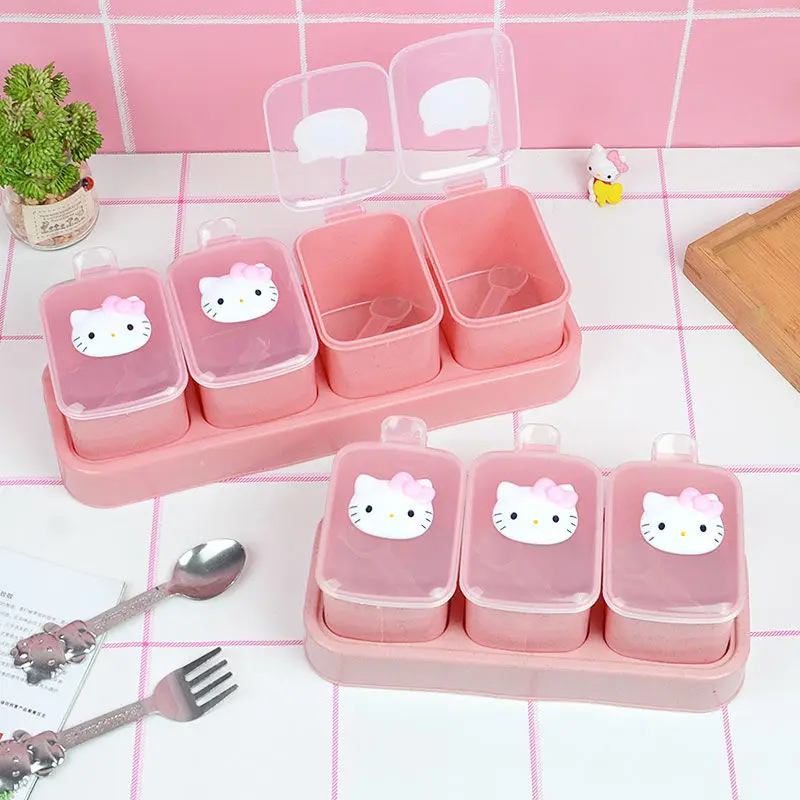 

Kawaii kitchen Condiment Box HelloKittys Doraemon Cartoon Cute Household With Lid and Spoon Sanrios Condiment Storage Box Set