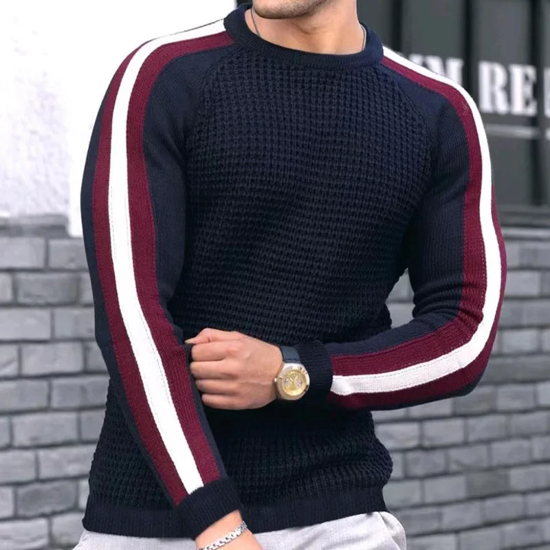 

Fashion Striped Print Waffed Knitted Sweater Men Autumn Casual Long Sleeve Crew Neck Knit Jumper Spring Mens Sweaters Streetwear