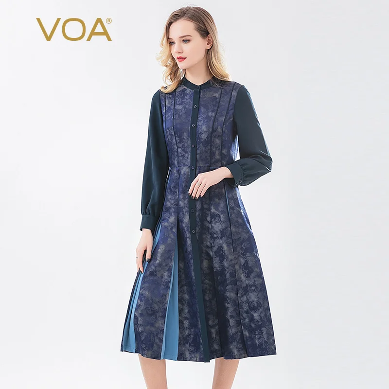 

VOA 23m/m Silk Dyed Jacquard Collar Long Sleeve Single-Breasted Contrast Stitching Pleated Elegant Dress For Women A10828