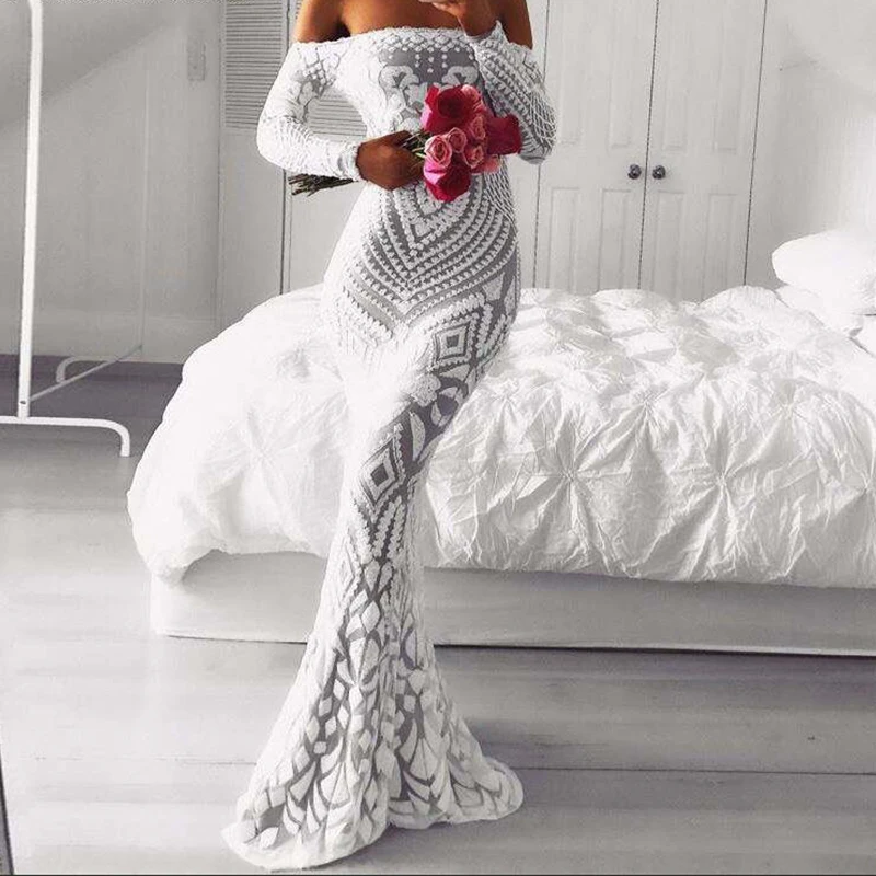 

Женское блестящее платье с длинным рукавом, белое элегантное платье с вышивкой и открытыми плечами, женское вечернее платье невесты Smaid